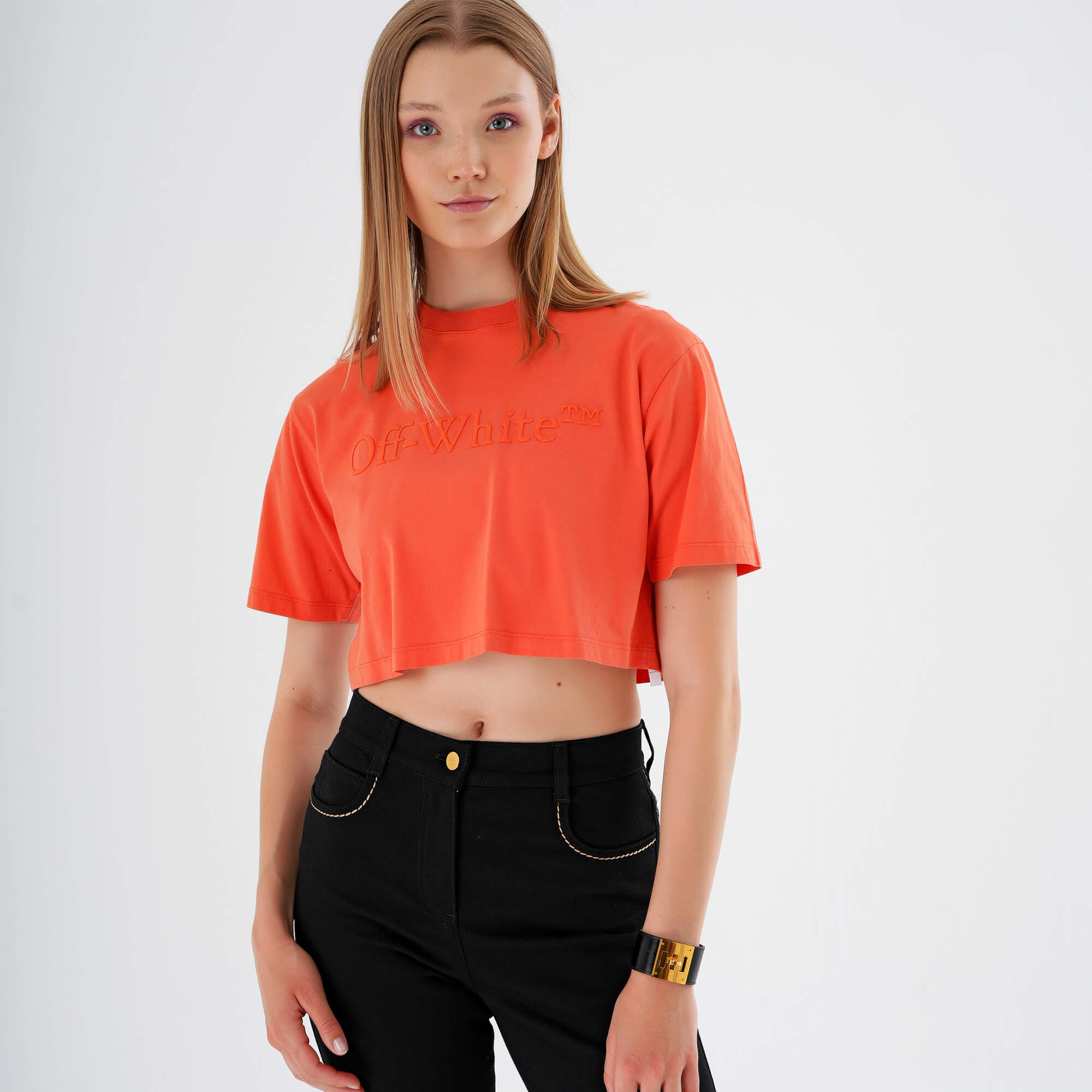 Off White - Orange Logo Printed  Cropped Tshirt M